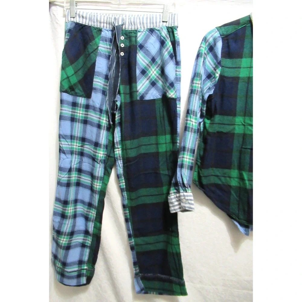 Aerie Size XXS/XS Blue‎ & Green Plaid Long Soft Cotton Pajama Lounge Set